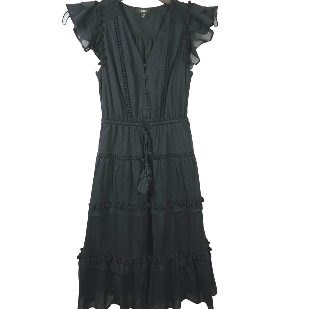 J.Crew 00 Black Dress Cotton Tiered Ruffle Midi A-Line Dark Cottagecore Romantic